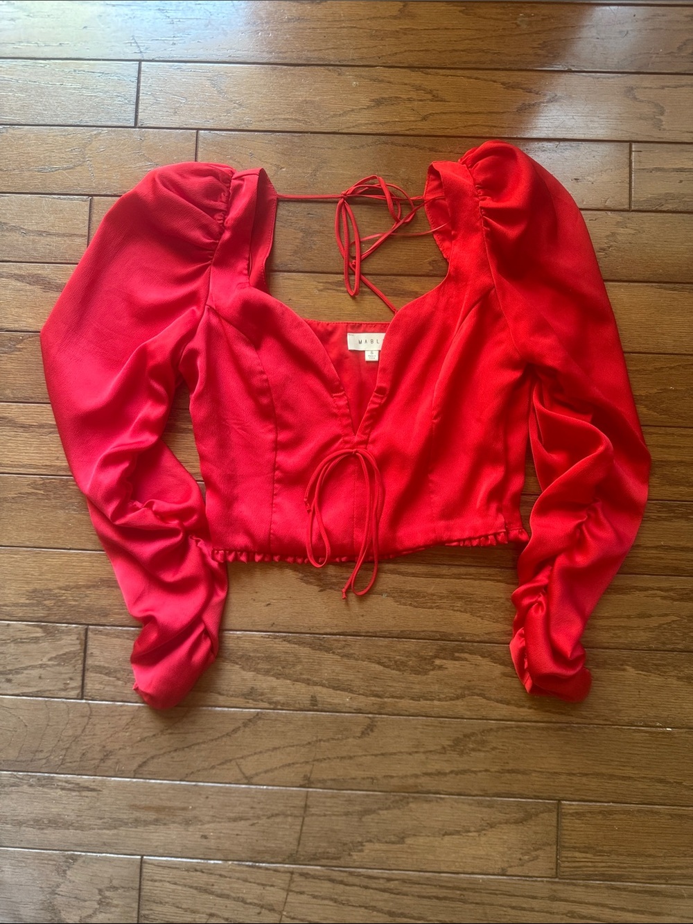 Satin Red Puff-Sleeve Tie-Back Crop Top